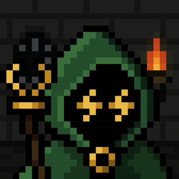 A pixel art image of a green hooded figure with glowing orange eyes and mouth, holding a staff, set against a dark brick wall.
