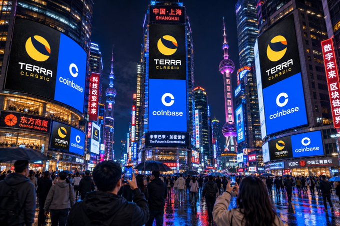 A nighttime cityscape of Shanghai featuring large illuminated digital billboards displaying 'TERRA CLASSIC' and 'coinbase' logos, with the Oriental Pearl Tower visible in the background and crowds of people in the foreground.