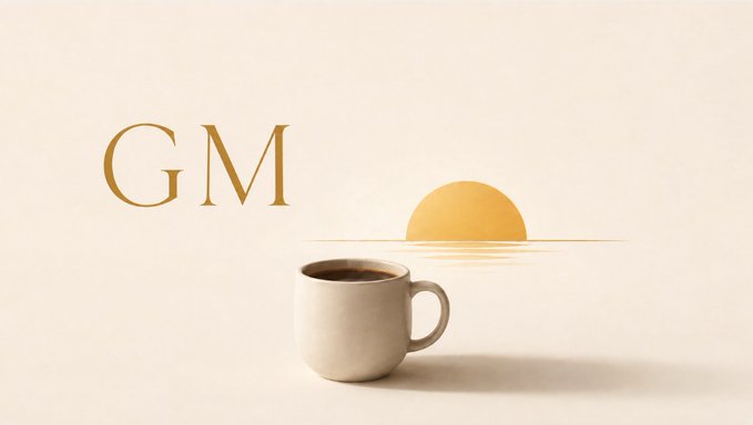 A minimalist graphic design displays the gold letters 'GM' above a white coffee mug filled with dark coffee, set against a cream background with a stylized orange sunrise.