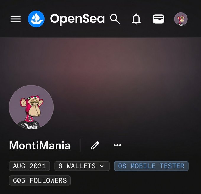 Screenshot of an OpenSea profile for 'MontiMania', joined Aug 2021, with 6 wallets, 605 followers, and an 'OS MOBILE TESTER' badge, featuring a cartoon monkey avatar.