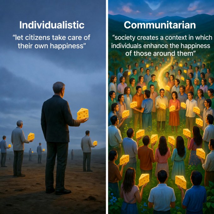 A two-panel comparative illustration contrasting 'Individualistic' (left) and 'Communitarian' (right) philosophies using the metaphor of people holding pieces of cheese, with text explaining how citizens seek happiness.