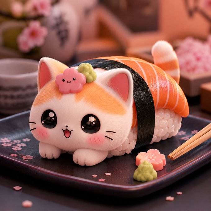 A kawaii cat-shaped salmon nigiri sushi with a smiling face sits on a black plate with chopsticks and wasabi, playfully embodying the post's "meowshi" pun merging "meow" and "sushi" to represent a beloved meme stock. The adorable culinary creation symbolizes the user's hope for success of this cat-themed token, with the dish serving as a literal visual pun supporting the rallying cry for RobinhoodCrypto.