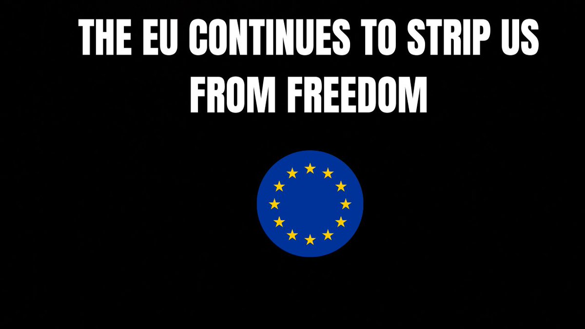 A black image featuring the EU flag (a blue circle with yellow stars) below bold white text reading "THE EU CONTINUES TO STRIP US FROM FREEDOM." The graphic visually reinforces the post's message about the EU's regulatory actions restricting access to USDT, framing the delisting as an erosion of financial freedom for 450 million EU residents.
