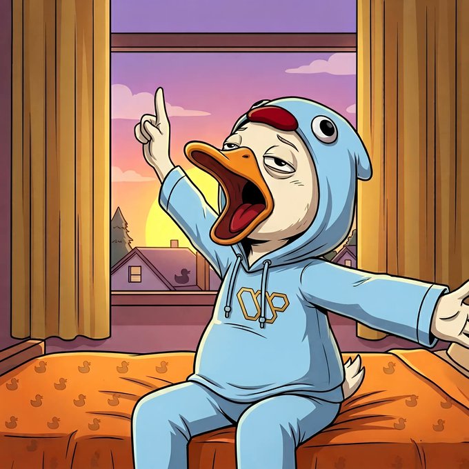 The image features a cartoon duck wearing a blue hoodie, sitting on an orange bedspread with its arms outstretched as if it's waving or saying "good morning." The background shows a sunset over houses, creating a warm and inviting atmosphere. The caption above the image reads, "Grand rising.. I'll keep it real with you. @wallchain isn' perfect. The LB gets competitive, the algorithm doesn'... & some days the Quacks don't reflect the effort you put in."
