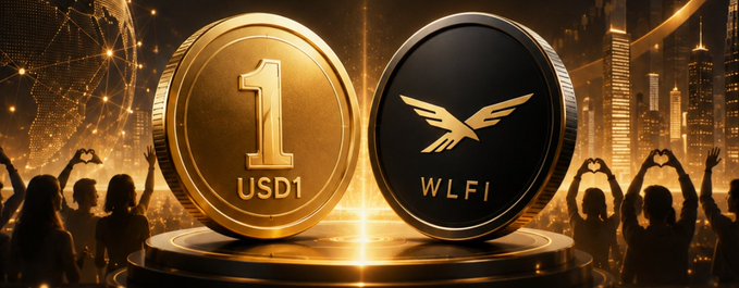 A promotional image featuring a golden coin labeled '1 USD1' next to a black coin labeled 'WLFI' with a bird emblem, set against a glowing cityscape.