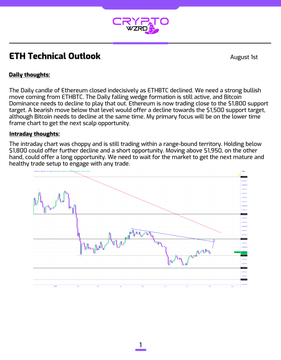 A Crypto Zomo branded ETH Technical Outlook dated August 1st features daily and intraday analysis of Ethereum's price action, noting a strong bearish move from $1,980 and projecting potential decline toward the $1,800 support. The post complements the image by elaborating on the bearish breakout scenario at the $1,830 level and the bullish alternative toward $1,950.