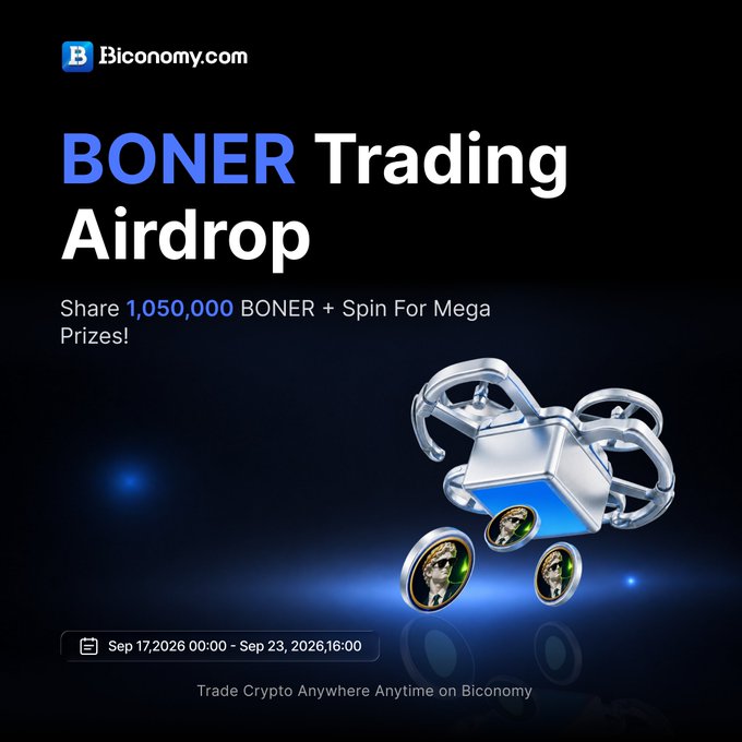 A 'Bconomy.com' advertisement for a 'BONER Trading Airdrop' offering to share 1,050,000 BONER plus spin for mega prizes, with a crypto drone graphic and dates 'Sep 17, 2026 00:00 - Sep 23, 2026 16:00'.
