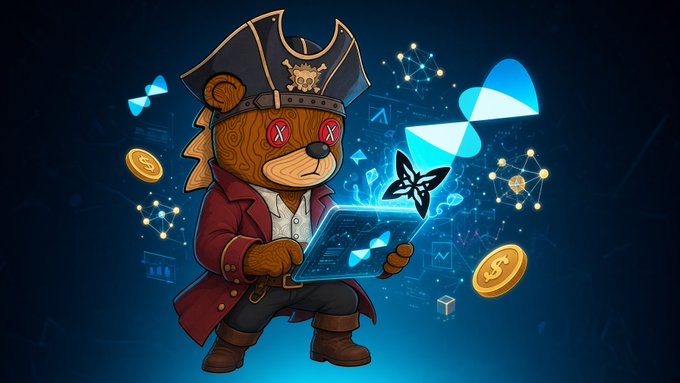 An AI-generated cartoon bear dressed as a pirate with 'XX' eyes types on a glowing laptop, surrounded by floating coins and crypto/network icons.