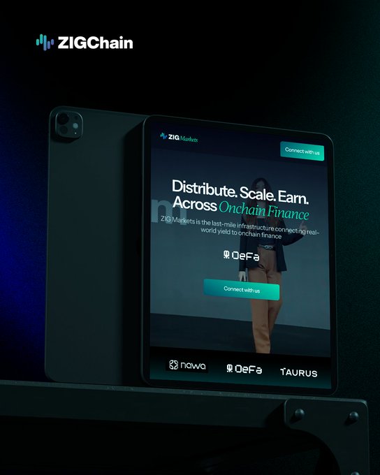 The image features a tablet computer placed on top of a table or desk. The screen of the tablet displays an advertisement for ZIG Chain, which promotes the distribution of scale across onchain finance. The advertisement also highlights the company's focus on connecting real-world yield with onchain finance and their involvement in the last-mile infrastructure that connects investors to yield markets.