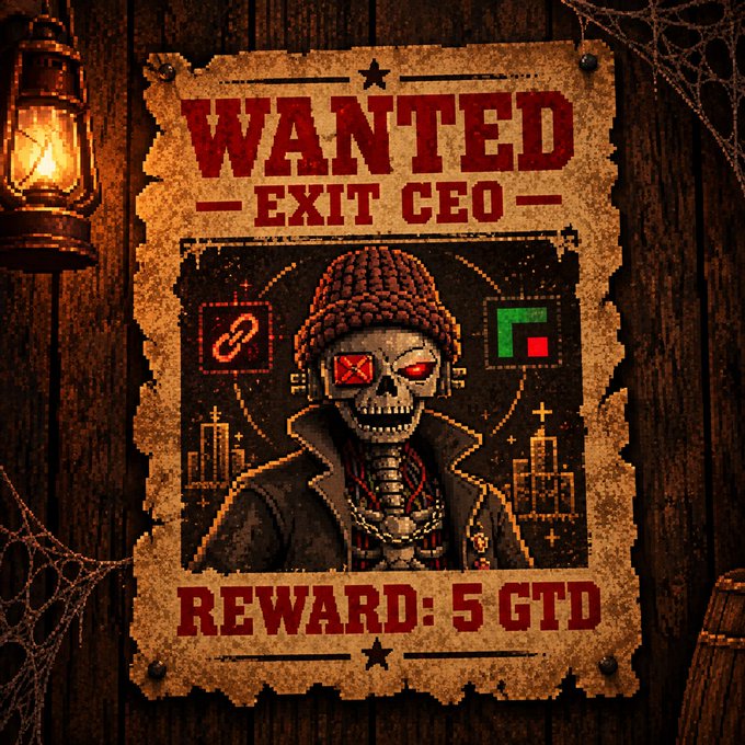 A vintage-style 'WANTED' poster on a wooden wall features a skull wearing a beanie and sunglasses, with the text 'EXIT CEO' and 'REWARD: 5 GTD,' illuminated by a lantern.
