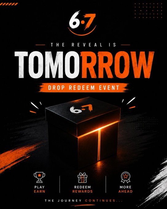 A "6.7" branded promotional graphic announces "THE REVEAL IS TOMORROW" for a "DROP REDEEM EVENT," featuring a glowing black mystery box and three icons labeled "PLAY & EARN," "REDEEM REWARDS," and "MORE AHEAD" with the tagline "THE JOURNEY CONTINUES..." The image ties to the post by teasing the upcoming delivery of commemorative NFTs and rewards to winners, building anticipation for tomorrow's reveal after the conclusion of the Meme Contest.