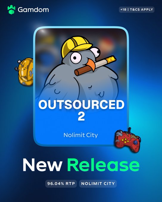 A promotional graphic for 'Outsourced 2' by Nolimit City from Gamdom, featuring a cartoon pigeon in a yellow hard hat smoking a cigar, with a 96.04% RTP label.