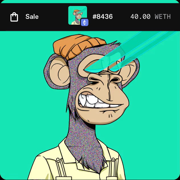 A digital NFT listing titled "Sale" for item #8436 priced at "40.00 WETH," featuring a cartoon illustration of a Bored Ape-style character with a glitchy laser beam emitting from its eyes.