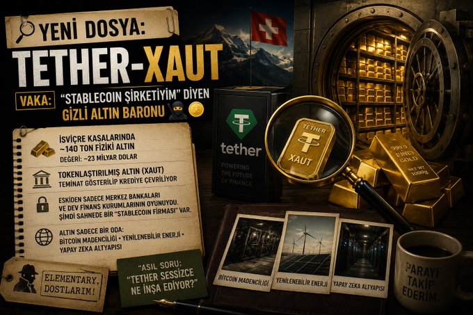 A Turkish-language investigation graphic titled "YENİ DOSYA: TETHER-XAUT" exposes the secret behind Tether's gold-backed token, detailing 140 tons of physical gold reserves worth ~$23 billion stored in Swiss vaults, while posing the question of why Tether is quietly buying energy assets like Bitcoin mining, renewable energy, and debt collection. The image features a magnifying glass over a Tether XAUT gold bar, Swiss vault imagery, and notes that each XAUT represents one troy ounce of gold redeemable only in Switzerland.