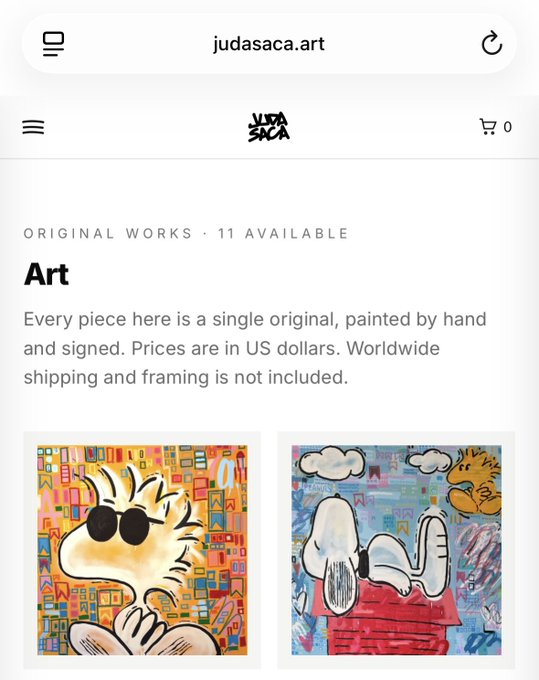 A screenshot of the website 'judasaca.art' showing the 'Art' section with 11 available original works, including colorful paintings of cartoon characters.