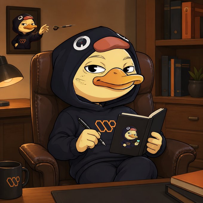 The image features an illustration of a duck wearing a hoodie sitting in a chair with a book open in front of them. The duck appears to be reading or writing something down, possibly a journal entry. The scene takes place in a room with various objects such as books and a cup on the table. The post about @wallchain's ecosystem seems unrelated to this image, focusing more on the creators' influence rather than the visual content of the illustration.