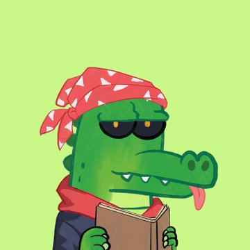 A cartoon crocodile wearing a red bandana and sunglasses reads a book against a green background, representing the mascot for the @CrocpadRBH NFT project. The image visually ties into the giveaway post by featuring the project's crocodile character while announcing 8 whitelist spots for the free mint launching on Robinhood.