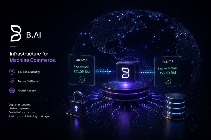 A promotional graphic for 'B.AI' advertising 'Infrastructure for Machine Commerce' featuring a globe, a padlock, and transaction cards showing 'AGENT A Payment Sent 125.50 BAI' and 'AGENT B Payment Received 125.50 BAI'.