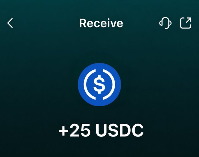 A screenshot of a crypto wallet's "Receive" screen showing an incoming transaction of "+25 USDC," illustrating the $25 giveaway the post is offering to five random Solana addresses shared in the comments.
