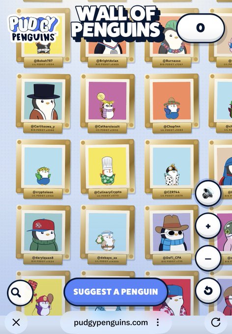 A webpage screenshot of 'Wall of Penguins' from pudgypenguins.com showing a collection of penguin character NFT profiles in gold frames, with a 'Suggest a Penguin' button at the bottom.