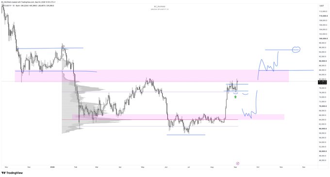A TradingView chart for 'BTC_PERPBIN' (Bitcoin Perpetual Futures on Binance) showing price action with highlighted pink supply/demand zones and blue drawn projections near the $90,000 level.