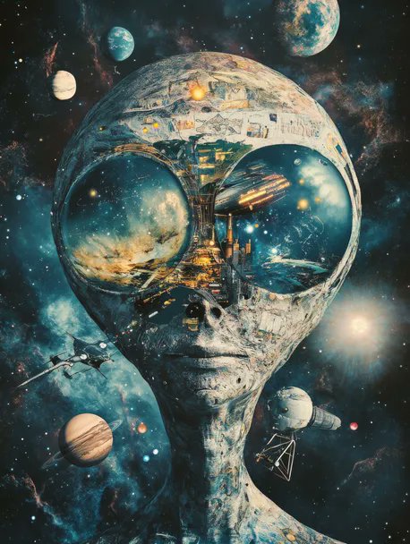 A surreal sci-fi artwork of an alien head whose transparent cranium reveals an entire civilization, planets, and spacecraft within.