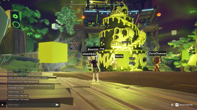 A video game scene shows a character in front of a large glowing skull structure with green slime, featuring chat messages and usernames like '._Bearish_ing' and 'Norris'.