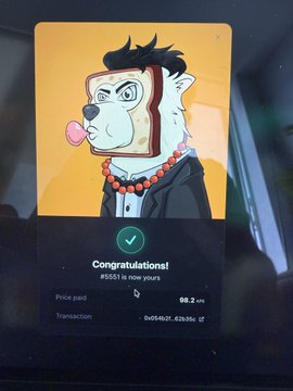 A digital congratulations card featuring a cartoon dog character in a suit with a pink bubblegum bubble, confirming a transaction (paid 88.2 crv) for NFT #5551.