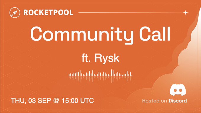 Promotional graphic for a Rocket Pool "Community Call ft. Rysk" scheduled for Thursday, 03 September at 15:00 UTC, hosted on Discord, featuring an audio waveform against an orange background. The image directly supports the post's announcement about joining the Rocket Pool community to discuss using rETH as collateral for earning income through options strategies on Rysk.