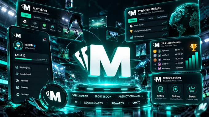 A promotional graphic displaying a multi-platform crypto gambling interface featuring "Mint ID", "Sportsbook", "Prediction Markets", "XP & Leaderboards", and "$MNTO & Staking".