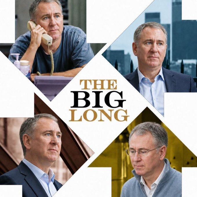 A four-panel promotional collage for "THE BIG LONG" featuring the same gray-haired man in various scenes—talking on a beige phone, wearing a navy blazer against a city skyline, in formal attire, and in a blue zip-up sweater looking contemplative. The "LMAOOOOOOOOOOO" caption and $NBIS ticker reference humorously react to the film's protagonist, whose determined and scheming expressions across the frames perfectly capture the chaotic, comedic spirit of chasing a big short-squeeze bet on Nebius stock.