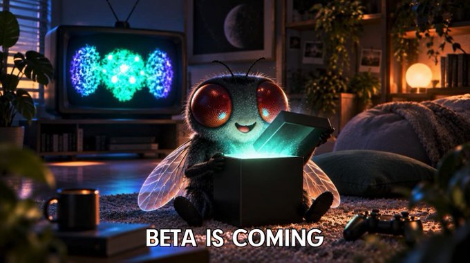 A cute, large-eyed bug-like creature sits on a rug with a glowing box, with the text 'BETA IS COMING' displayed across the bottom.