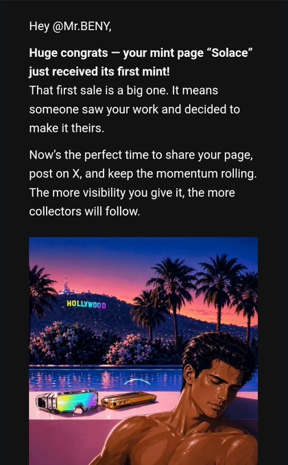 A notification from @Mr.BENY congratulating the artist on the first mint of their page "Solace," accompanied by a vibrant sunset illustration featuring a shirtless man in the foreground with Hollywood and palm trees in the background. The artwork captures the "Solace" theme of warm nostalgia and Los Angeles vibes, visually celebrating the milestone described in the post.