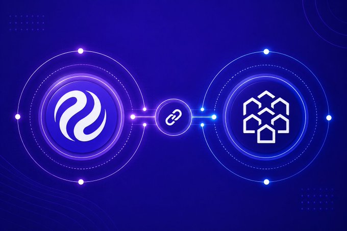 A digital graphic on a blue background shows two circular icons connected by a link symbol, with the left icon featuring a wave-like logo and the right icon depicting a cluster of houses.