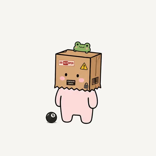 A cute cartoon illustration of a pink character wearing a cardboard box labeled 'DO NOT OPEN' with a frog peeking out the top, standing next to a black 8-ball.