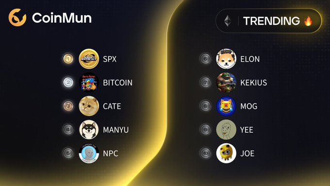 A CoinMun webpage displaying a 'TRENDING' list of cryptocurrencies including SPX, BITCOIN, CATE, MANYU, NPC, ELON, KEKIUS, MOG, YEE, and JOE.