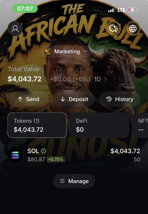 A cryptocurrency wallet screenshot showing the "African Bull" themed account "Marketing" with a total value of $4,043.72, displaying 50 SOL ($4,043.72) alongside other tokens, which aligns with the post's announcement of claiming the project's first Creator Reward of 50 SOL for marketing and community growth.