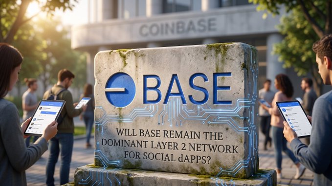 A promotional image for Coinbase's Base blockchain asking 'WILL BASE REMAIN THE DOMINANT LAYER 2 NETWORK FOR SOCIAL DAPPS?', showing a stone-like Base logo with people holding tablets in the background.