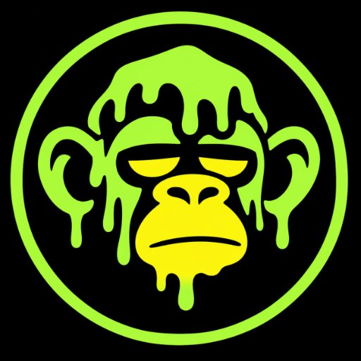 Logo of a melting, dripping monkey face designed in neon green and yellow, resembling the Bored Ape Yacht Club style.