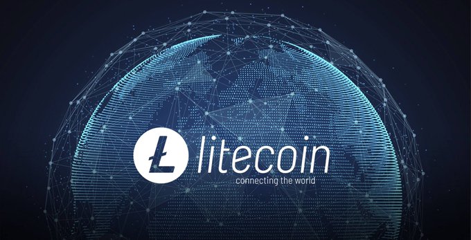 The image features a logo for Litecoin that is blue with white text. The text reads "Litecoin" and "connecting the world", indicating that Litecoin is a cryptocurrency designed to connect people worldwide through fast transactions, low fees, and a battle-tested network.
