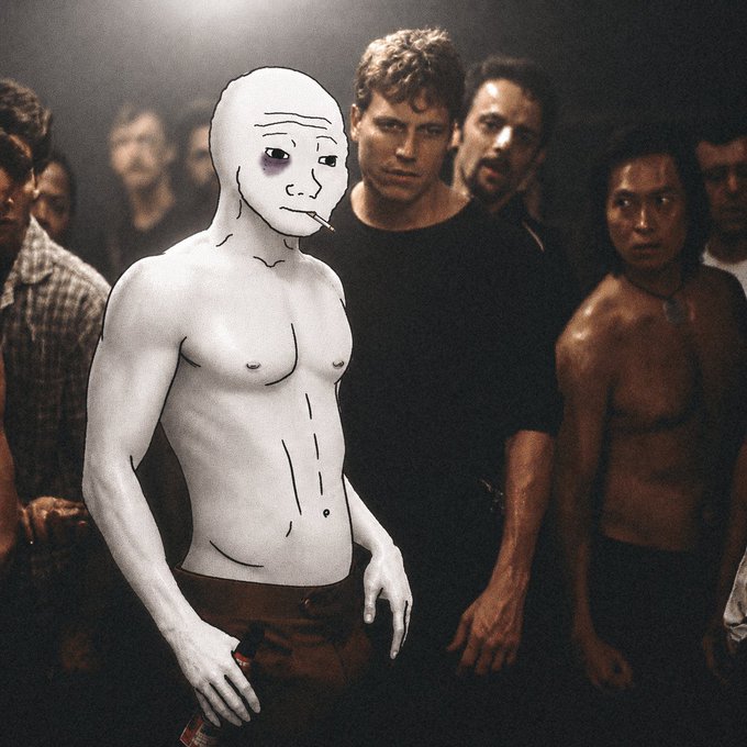 A digitally edited image showing a pale, bald wojak-style figure with a bruised eye and a cigarette standing shirtless in a crowd of men who are staring at it.