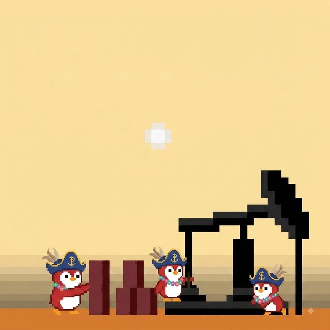 A pixel art scene depicts three penguins dressed as pirates with eye patches and hats working around red blocks and a black structure under a tan sky.