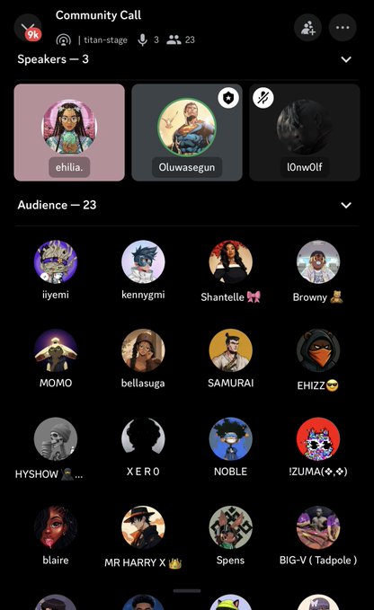 A screenshot of a Discord 'Community Call' interface on the 'titan-stage' server, showing 3 speakers (ehilia., Oluwasegun, i0nw0lf) and an audience of 23 with various avatars and usernames like iiyemi, kennymi, Shantelle, and Browny.