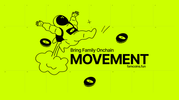 A yellow graphic advertisement featuring a cartoon astronaut floating among coins with the text 'Bring Family Onchain MOVEMENT' and the website 'famcoins.fun'.