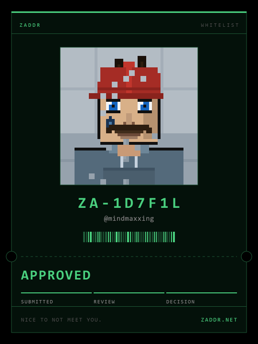 A 'ZADDR WHITELIST' approval card featuring pixel art of a character with a red mushroom hat and mustache, with the address 'ZA-1D7F1L' and status 'APPROVED'.