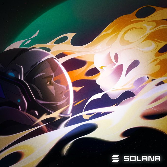 A stylized illustration shows an astronaut in a spacesuit facing a glowing female figure made of golden flame, with the Solana logo and text in the bottom right corner.