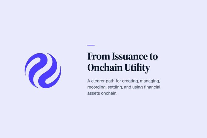 Ondo Finance promotional graphic featuring a blue logo and text reading 'From Issuance to Onchain Utility: A clearer path for creating, managing, recording, settling, and using financial assets onchain.'
