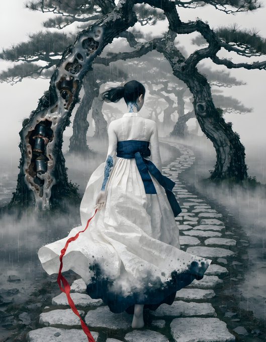 The image features a woman wearing traditional Japanese clothing, including a white dress with blue accents, walking down a path surrounded by trees. The background of the image is filled with fog, creating an atmospheric and mysterious ambiance. The photo has been shared on social media platforms like @elesconde and @corinaotcom, where it has gained significant attention and appreciation from viewers.