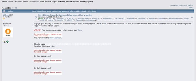 A Bitcoin Forum thread titled "More Bitcoin logos, buttons, and also some other graphics" displays various free graphics in PNG format, including a Bitcoin Logo with rotation, a public domain 200x60 image, and color variations for light/dark backgrounds. The thread relates to the post by offering official Bitcoin visual assets like the orange "B" logo, which serves as the iconic meme representation of BTC referenced in the accompanying warning.