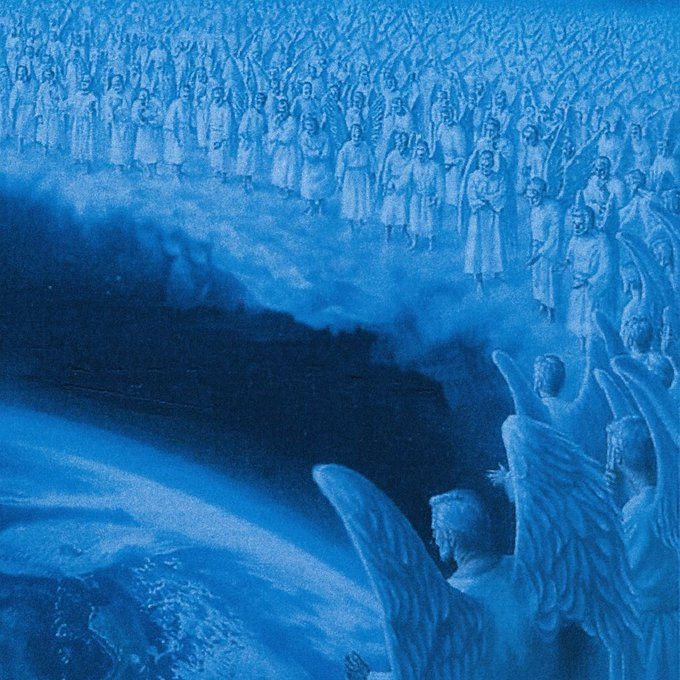 A blue-tinted painting shows a massive gathering of angels and robed figures surrounding a vast heavenly abyss, with prominent winged angels gazing down from the right edge into a deep cosmic chasm below. The image evokes the meme of an entire bloodline of ancestors watching from heaven, fitting the post's theme of past generations witnessing a triumphant financial transformation from $100 to $100K.